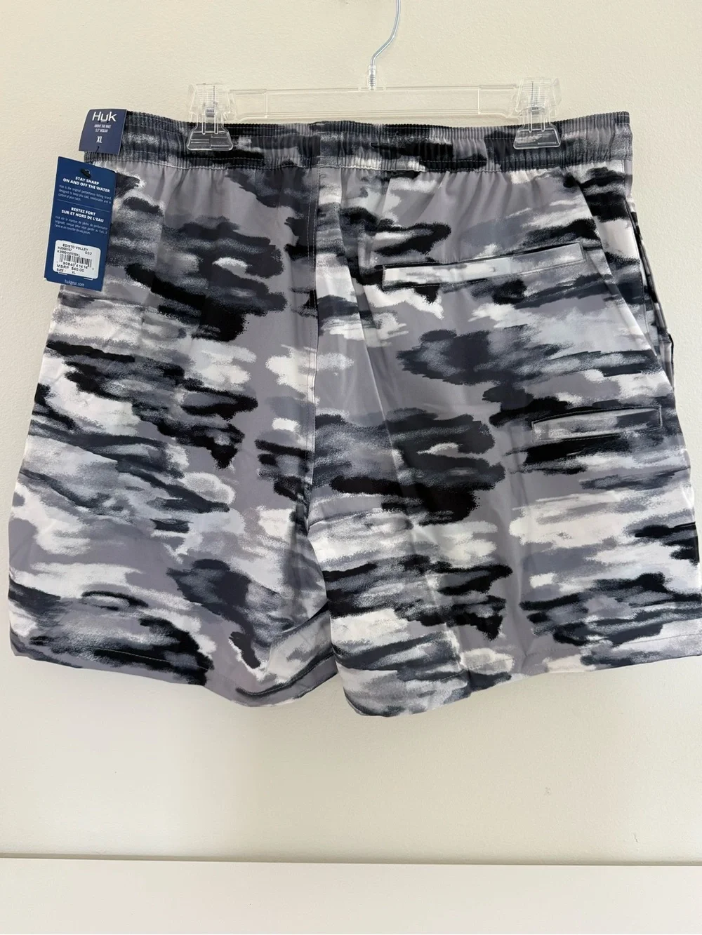 Huk Gray Black White Camo Swim Trunks with Red Drawstring